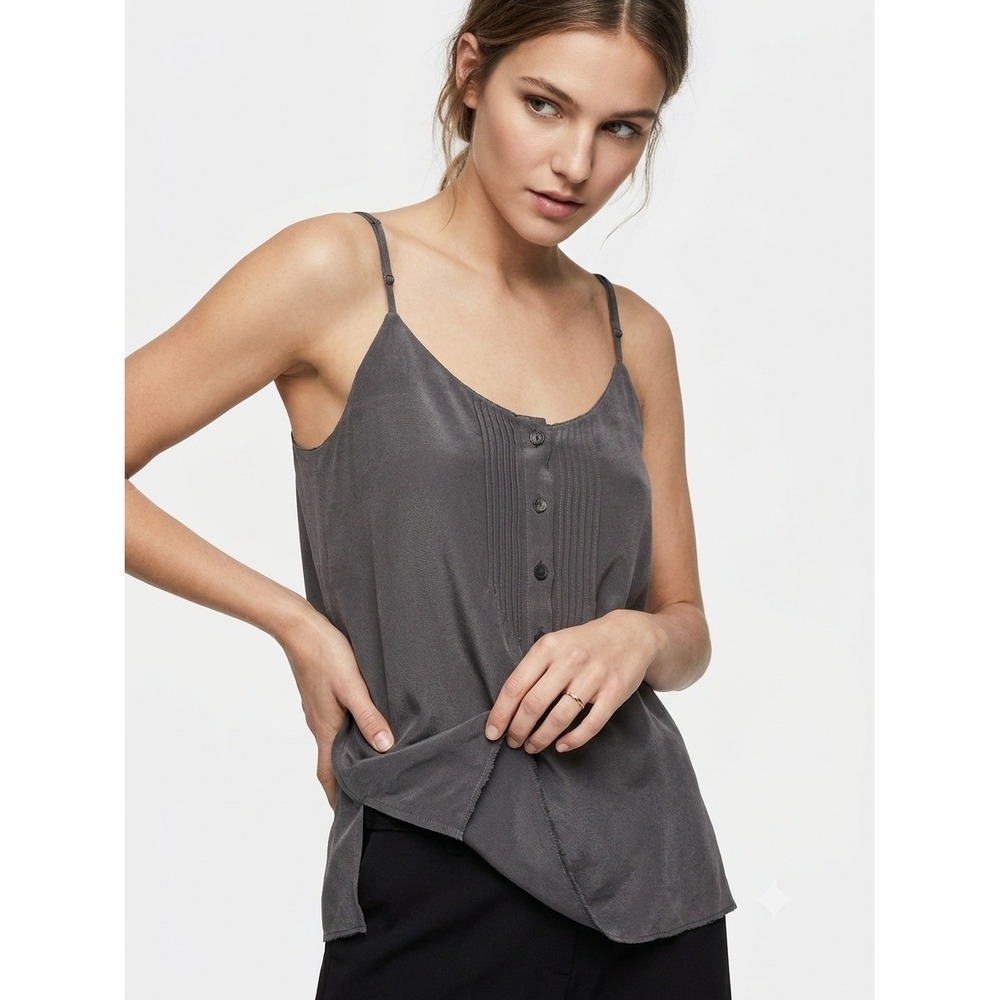 Rag & Bone Silk Pintuck Cami Top‎ Button Front Tank Charcoal Gray Size 10